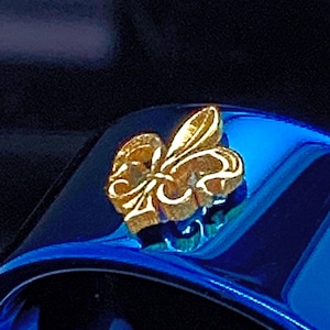 Blue Tungsten Wedding Ring: Gold Fleur de Lis Inlay, Comfort Fit