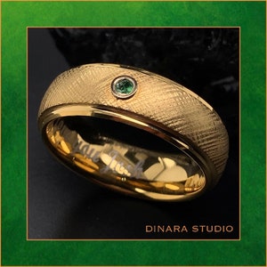 Gold Tungsten Emerald Ring: Satin Finish Wedding Band