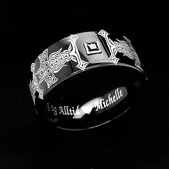 Black Diamond Tungsten Viking Ring - Mens Wedding Band, Personalized