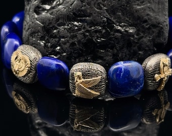 Egyptian Charm Bracelet Lapis Lazuli Beads Goddess Scarab Ankh Protection Jewelry