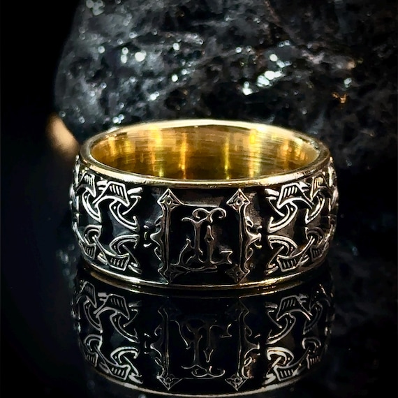 Custom Viking Initial Ring Vegvisir Compass Norse Monogram Band Silver Ring for Men Women