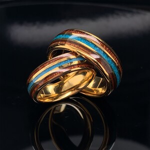 Gold Tungsten Wedding Ring: Wood Turquoise Inlay, Custom Engraved