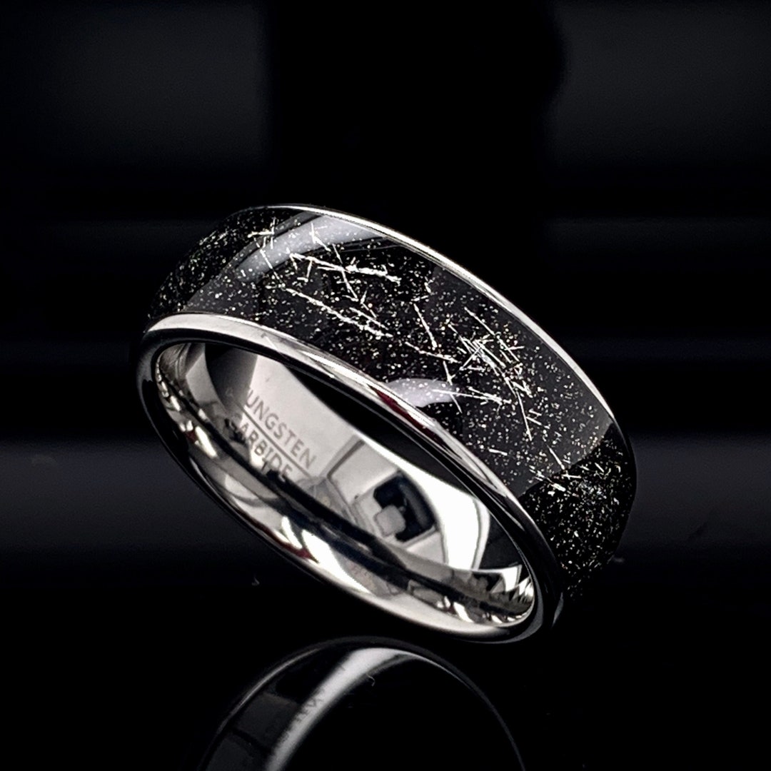 Tungsten Meteorite Ring Mens Tungsten Ring Black Meteorite Etsy