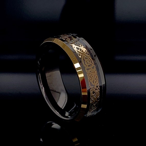 Anello Celtico Con Drago In Tungsteno Dorato, Fede Nuziale Con