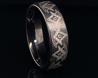 Masonic Square Compass Black Tungsten Ring Personalized Mens Freemason Wedding Band