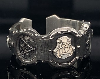 Oxidized Sterling Silver Masonic Ring: Handmade Freemason Symbol