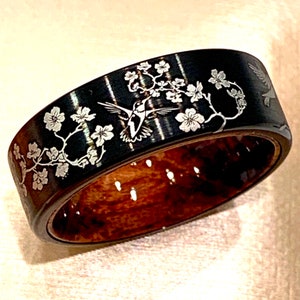 Black Tungsten Wedding Ring Cherry Blossom Hummingbird 8mm Satin Finish Wood Interior
