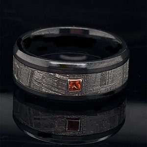 Meteorite Wedding Ring, Black Zirconium Meteorite Ring, Orange Topaz Wedding Band, 8 mm Black Weeding Ring, Meteorite Zirconium Ring