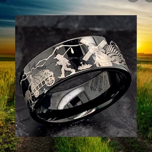 Tungsten Ring, Nature Landscape Ring, Custom Engraved Ring, Personalized Ring , Custom Wedding Band, Black Tungsten Ring, Custom Scene Ring