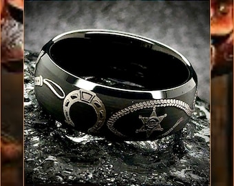 Anillo de vaquero de tungsteno negro: alianza de boda estilo western, grabado personalizado