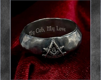 Mens Sterling Silver Masonic Ring With 14k Gold Square Compass Symbol Engraved Custom Band