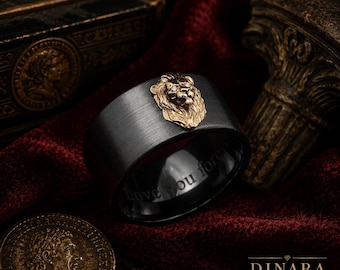 Anello con testa di leone in oro 14 carati, occhio di diamante in zirconio nero, fascia da sigaro da 12 mm, anello di lusso di grande impatto.