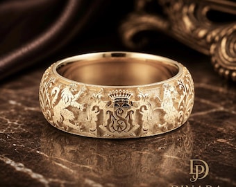 Alliance héraldique artisanale en or massif 14 carats pour homme et femme