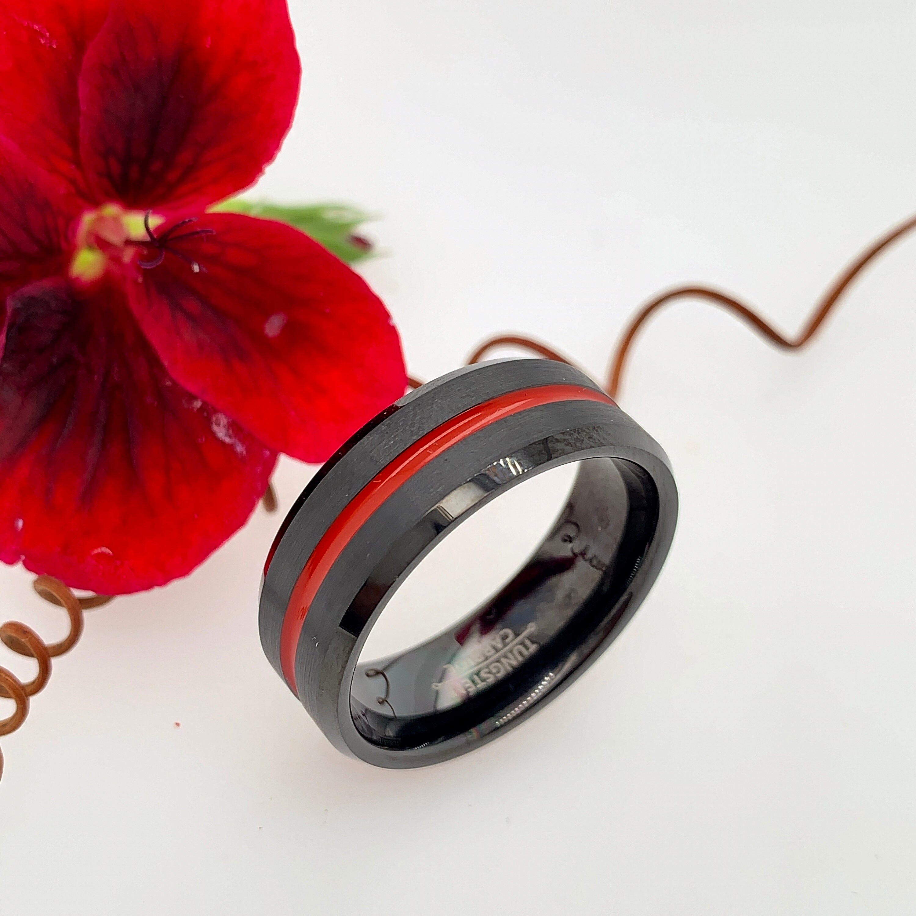 Tungsten Ring Firefighter Ring Red Black Ring Black Wedding