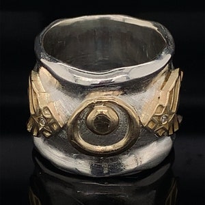 One of a Kind Handcrafted Silver and 14k Yellow Gold Okinawa and Air-force Diamond Ring