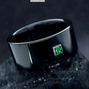 Emerald Tungsten Ring: 10mm Square Gemstone Wedding Band