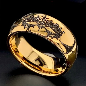 Gold Tungsten Ring, Wedding Band, Venetian Mask Ring, Custom Engraved Ring, Mens Tungsten Ring, Anniversary Ring, Destination Wedding Ring