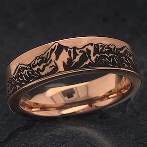Tungsten Ring, Mountain Ring, Landscape Ring, Custom Engraved Ring, Wedding Ring, Personalized Ring, Mens Promise Ring, Rose Gold Mens Ring