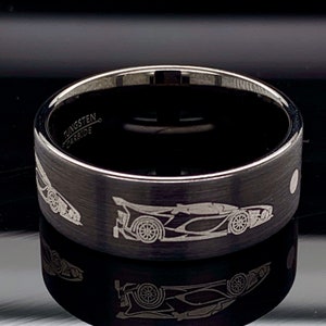 Unique Wedding Ring, Racing Car Ring, Mens Tungsten Wedding Ring, Mens Wedding Band, Tungsten Bands, Black Tungsten Ring, Anniversary Ring