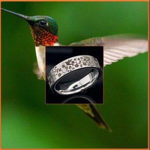 Hummingbird Tungsten Wedding Ring: Cherry Blossom Engraved Band, 6mm