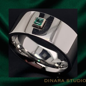 Emerald Tungsten Ring: Square Gemstone Wedding Band, 9mm