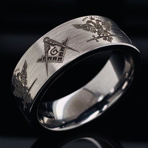 Masonic Tungsten Wedding Ring - 33 Degree Masons - Two Headed Eagle