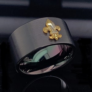 Tungsten Ring, Fleur de Lis  Ring, 12mm  Black Tungsten Ring, Tungsten Band, Mens Wedding Ring, Mens Tungsten Band, Personalized