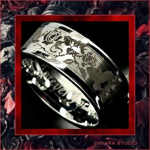 Ravens and Roses Tungsten Ring: Custom Engraved Wedding Band