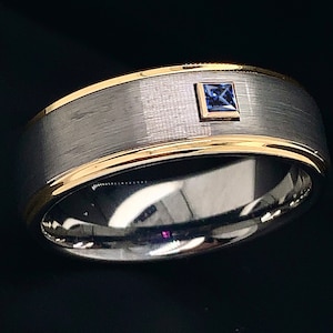 Tungsten Wedding Band: Sapphire Inlay, Gold Stepped Edges