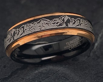Black Tungsten Ring, Mountain Range Ring, Mount Wilson Ring, Custom Engraved Ring, Landscape Ring, Personalized Ring, Mens Promise Ring