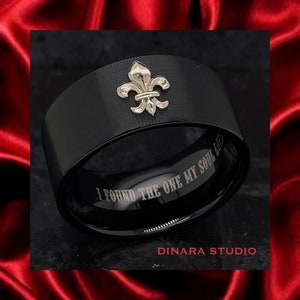 Black Tungsten Ring: 12mm Fleur de Lis Wedding Band, Gold Inlay