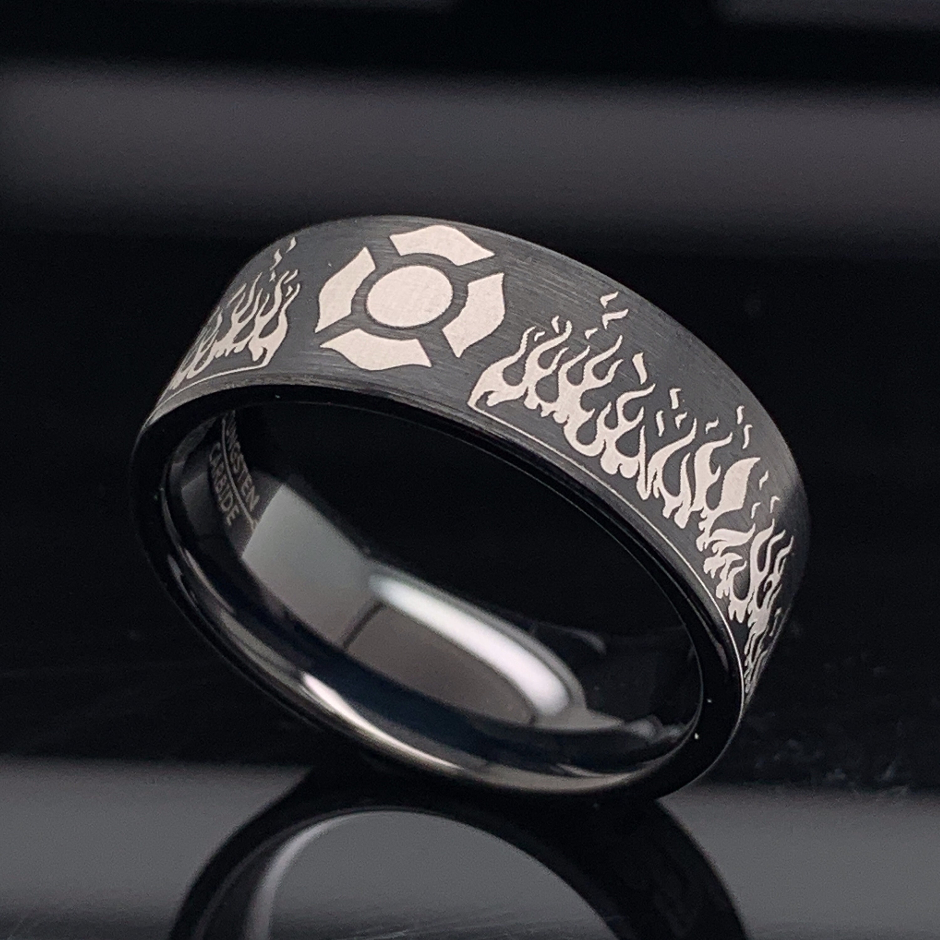 Firefighter Tungsten Ring: Black Brushed Mens Wedding Band, Custom Firefighter Tungsten Ring: Black Brushed Mens Wedding Band, Custom