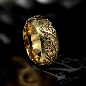 Gold Hawaiian Ring Handmade Anniversary Ring Hawaiian Flower Jewelry Unique Traditional Victorian Solid 18k Gold Band Customizable 11 mm