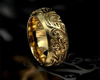 18K Gold Hawaiian Hibiscus Ring Wide Floral Scroll Handcrafted Solid Gold Anniversary Band Custom