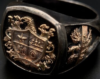 Handcrafted Sterling Silver Coat of Arms Signet Ring Custom Initial Family Crest Jewelry
