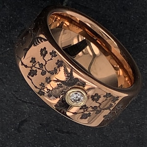 Anillo de colibrí, Anillo de diamantes de tungsteto, Anillo de tungsteno personalizado de oro rosa, Anillo de diamantes para hombres, Anillo de tungsteno para mujeres, Anillo de aniversario
