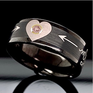 Black Tungsten Morganite Wedding Ring: Heart & Arrow Design
