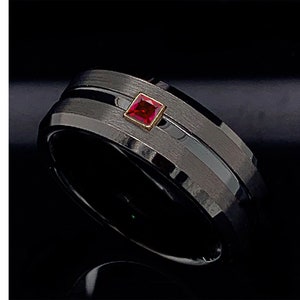 Black Tungsten Ring , Ruby Tungsten Ring, Red Black Ring, Square Ruby Ring, 8mm Tungsten Ring, Black Tungsten Ring, Mens Wedding Ring