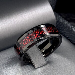 Red Celtic Dragon Tungsten Ring - Black Wedding Band, 8mm