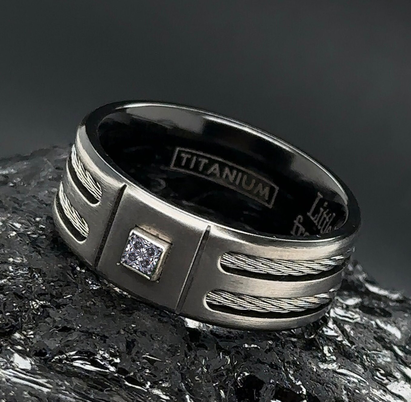thumbnail image 2 of TIONEER Titanium Black Dual Cable Inlay Men's Wedding Band – 8mm, Grade 2 Titanium, Free Engraving 2 of 4