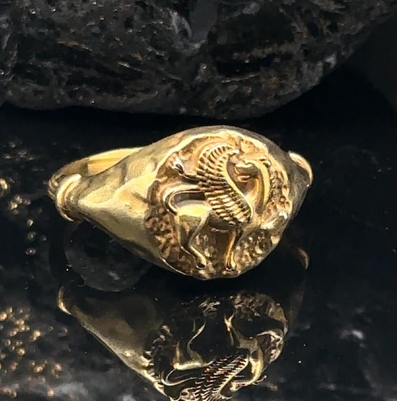 14k Gold Persian Winged Lion Signet Ring Achaemenid Symbol Custom Heritage Jewelry