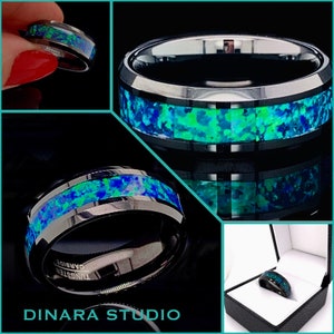 Tungsten Opal Wedding Band: Black Tungsten Ring, Blue Green Inlay