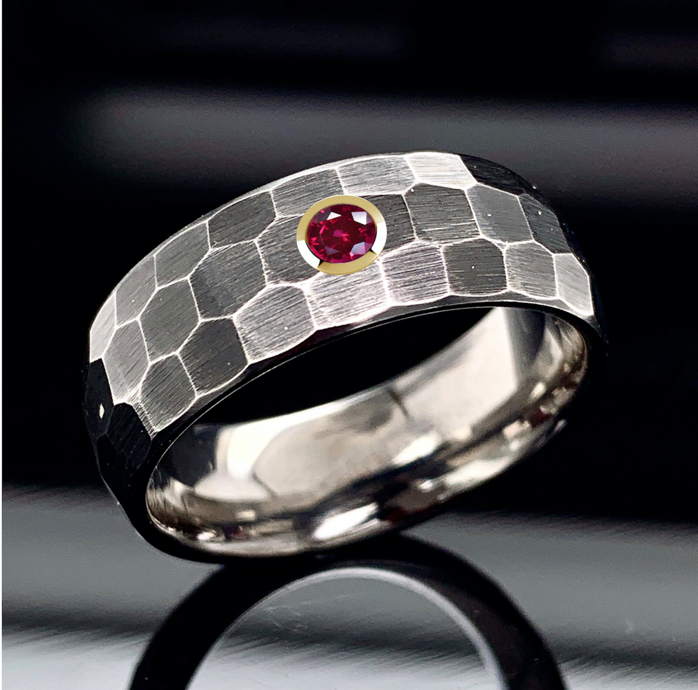 Tungsten Ruby Ring Black Tungsten Ring Hammered Ring Mens Etsy