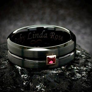 Modern Black Zirconium Ring With Ruby or Any Gemstone, Custom Engraving, Comfort Fit - Perfect Unisex Wedding, Anniversary, Or Promise Band