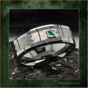 Emerald Tungsten Ring: Hammered Texture, Beveled Edges, Custom Engraved