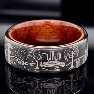 Black Tungsten Wood Inlay Ring: Central Park Proposal Scene, Custom Engraved Wedding Band
