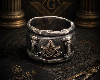 Mens Sterling Silver Masonic Ring With Gold Square Compass Symbol Freemason Brotherhood Band