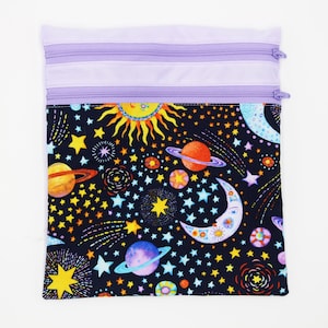 Double compartment bag for sanitary napkins - PUL purple and moon/sun - ecological - zero waste - washable