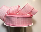 1.5 Pink and White Wired Edge Ribbon, Textured Pink Ribbon with White Stitching, 5 Yards