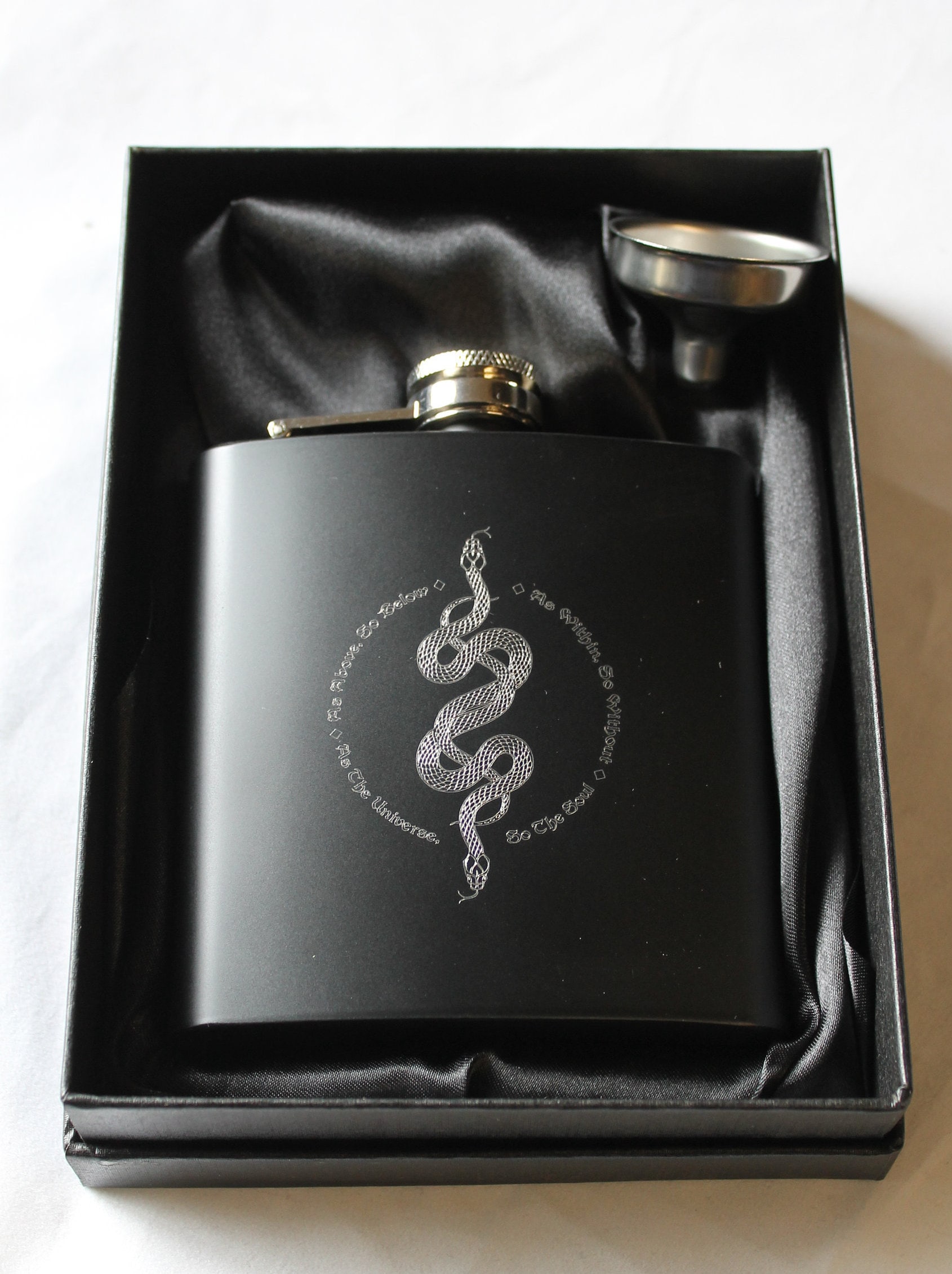Black 6oz hip flask Wicca double Snake Engraved Tarot Inspired – Occult Style – FREE ENGRAVING